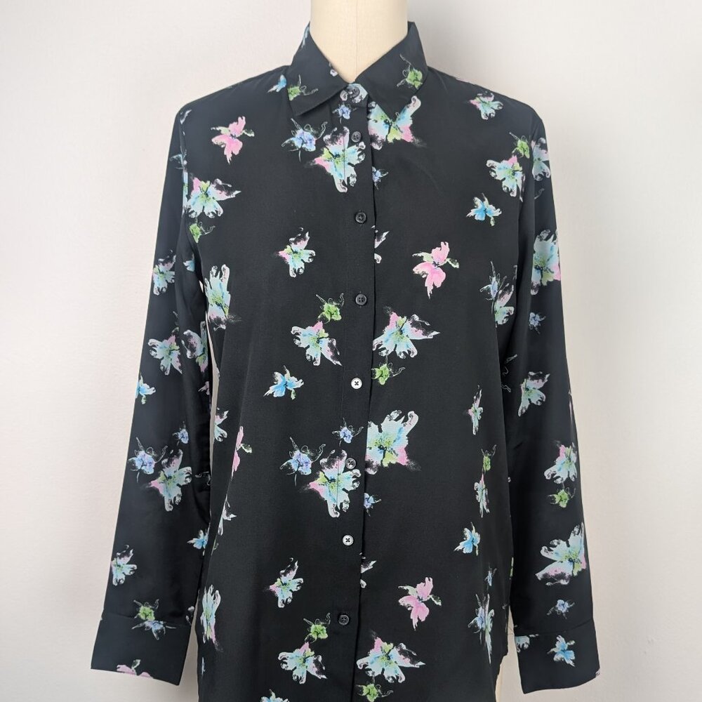 Black Button Down Floral Print Banana Republic Dillon Shirt Sz S